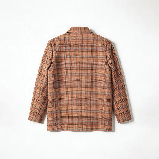 Double-Breasted Plaid Blazer in Orange and Gray