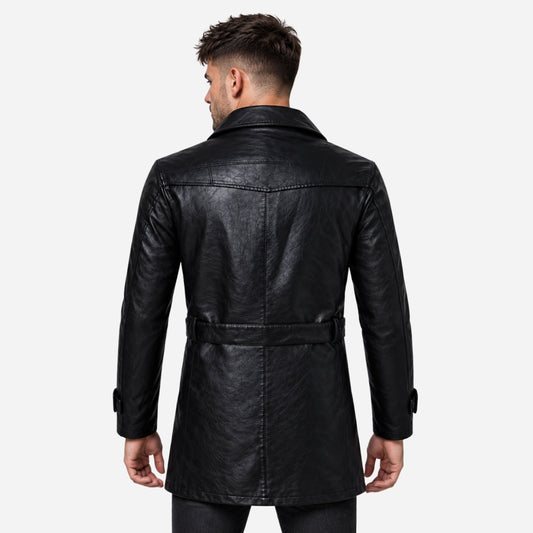 Men's Belted Lapel Button-Front Mid-Length Coat-Fowsa