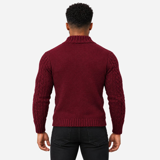 Men’s Buttoned Stand-Collar Cable Knit Jumper-Fowsa