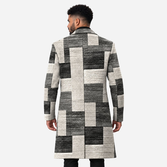 Men's Geometric Check Single-Breasted Long Coat-Fowsa