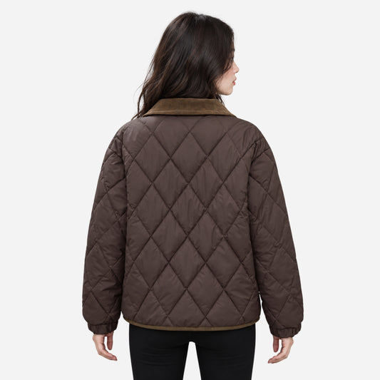 Women's Contrast-Collar Diamond-Quilted Jacket-Fowsa