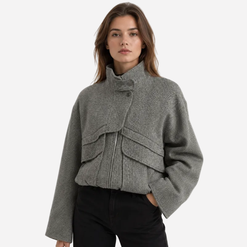 Houndstooth High-Collar Wool Coat-Fowsa