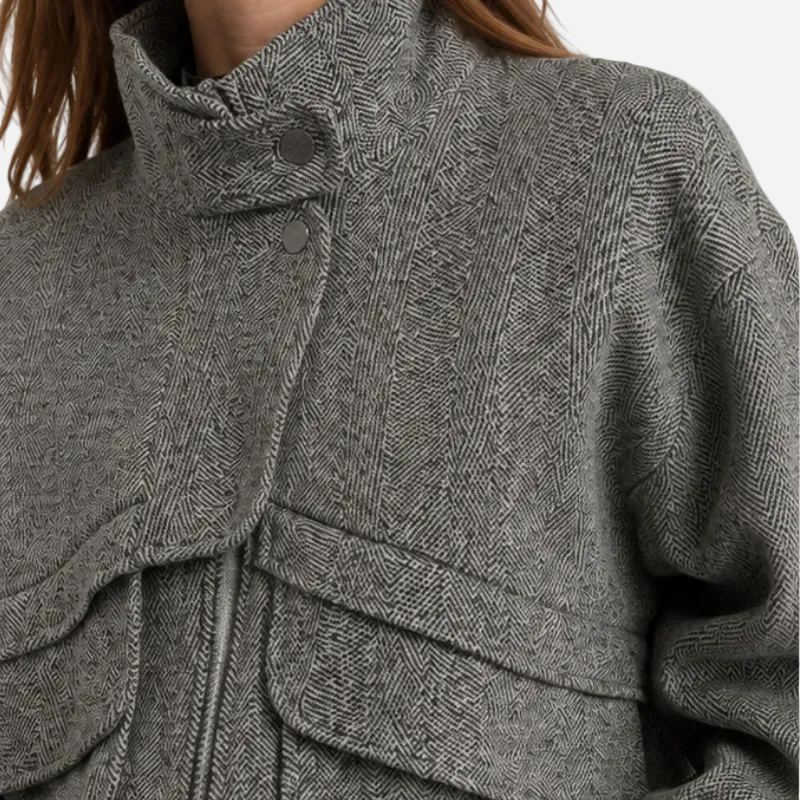 Houndstooth High-Collar Wool Coat-Fowsa