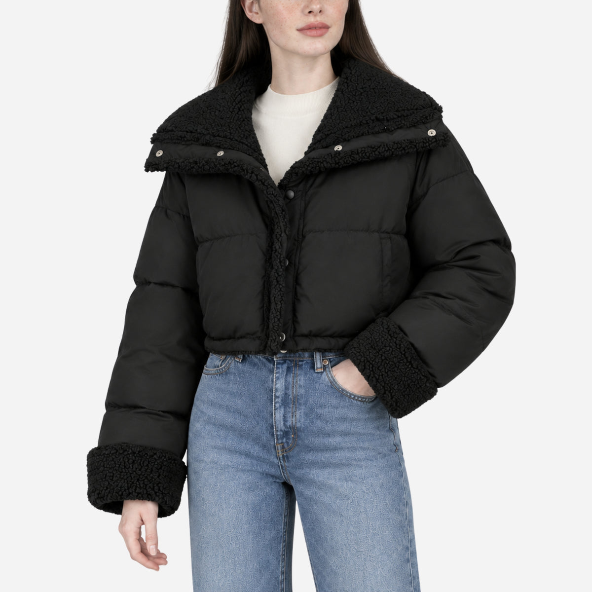 Women’s Reversible Plush-Panel Cropped Padded Jacket
