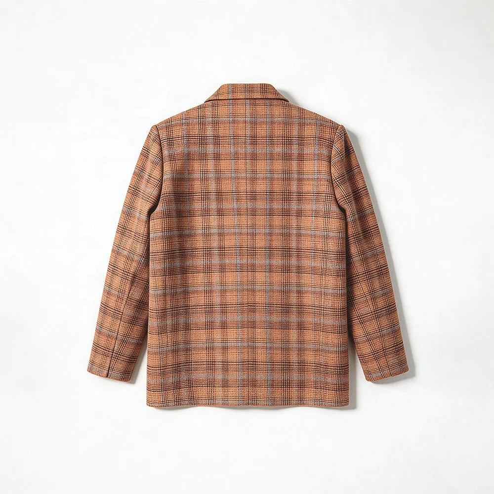 Double-Breasted Plaid Blazer in Orange and Gray