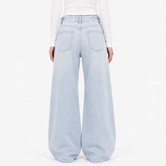 Drawstring Waist Wide-Leg Jeans in Light Blue Wash
