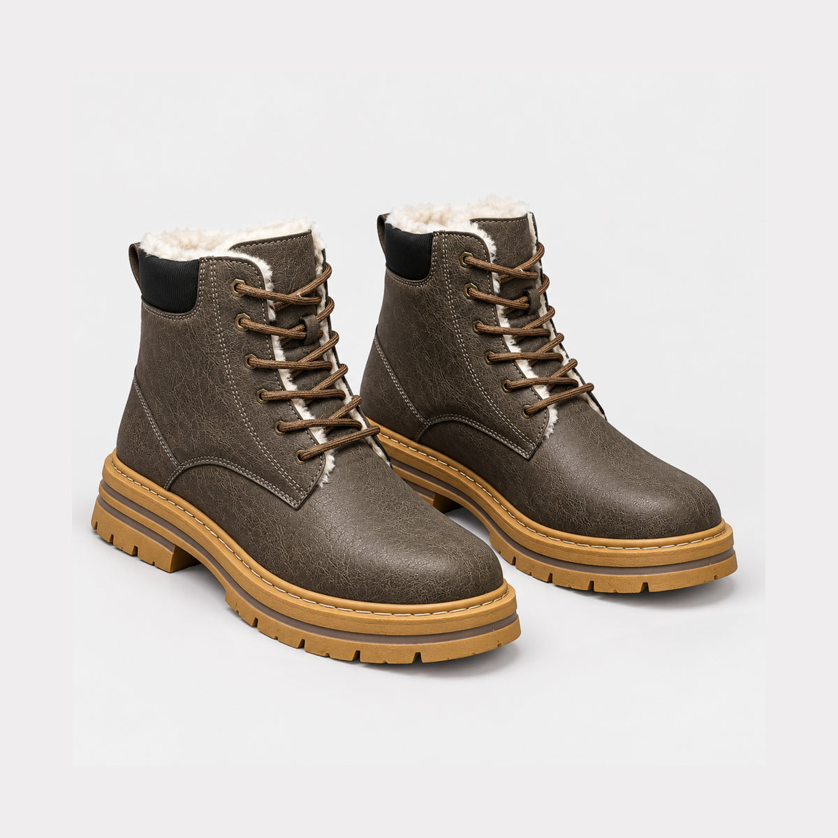 Men's Fur-Lined Lace-Up Ankle Boots- Fowsa
