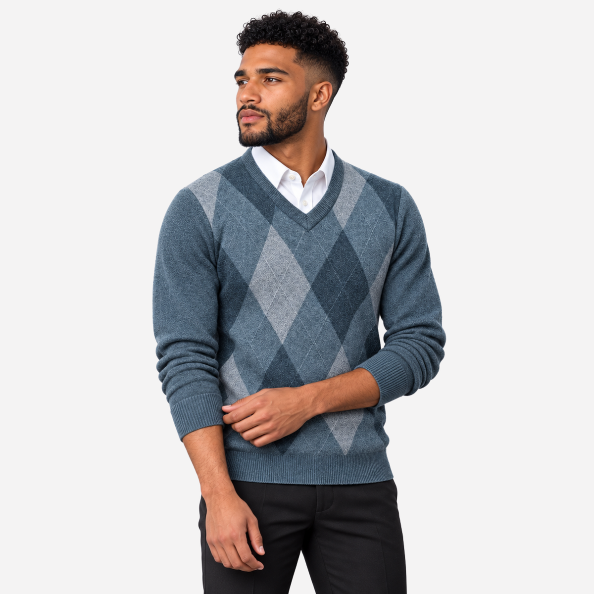 Men’s Argyle V-Neck Knitted Jumper-Fowsa