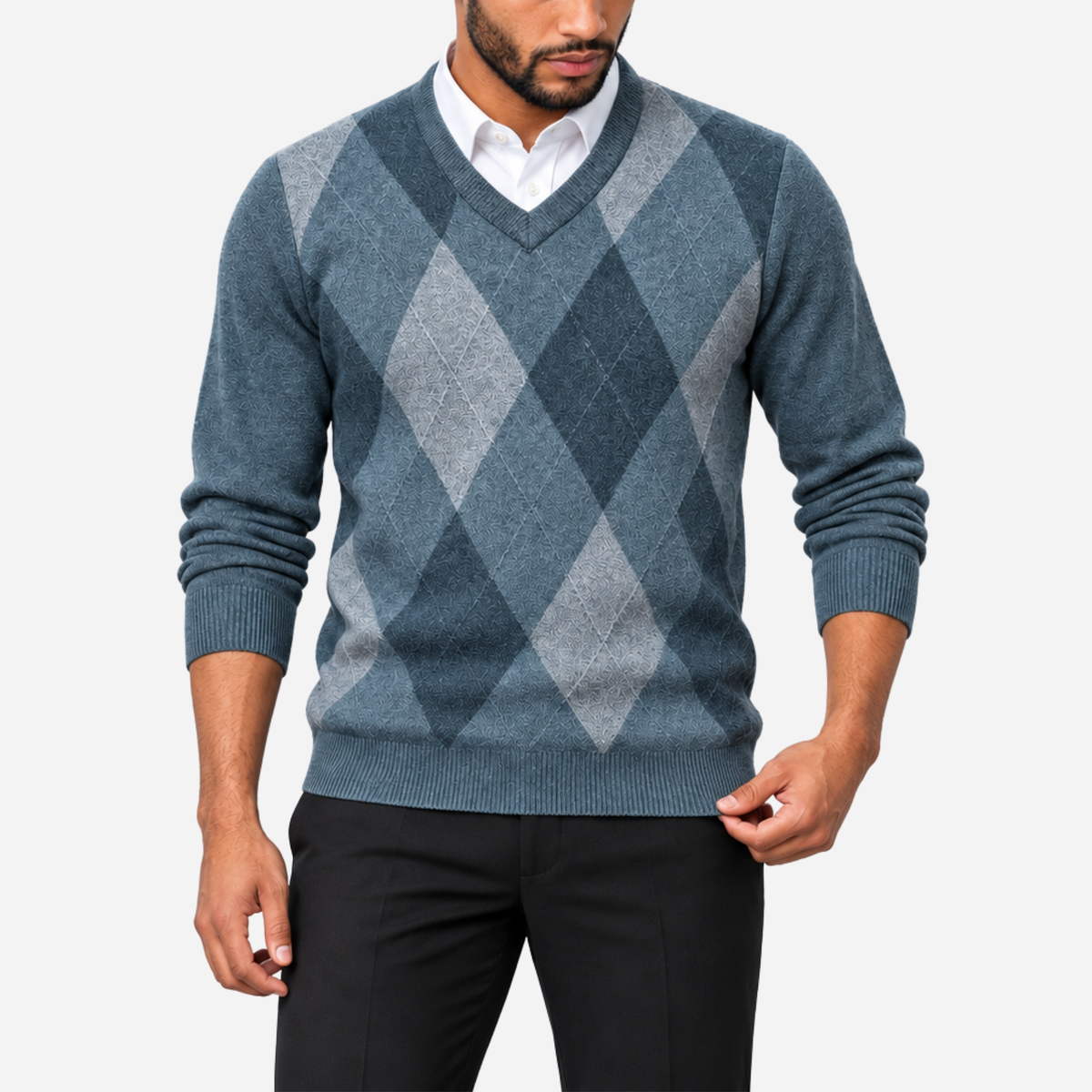 Men’s Argyle V-Neck Knitted Jumper-Fowsa