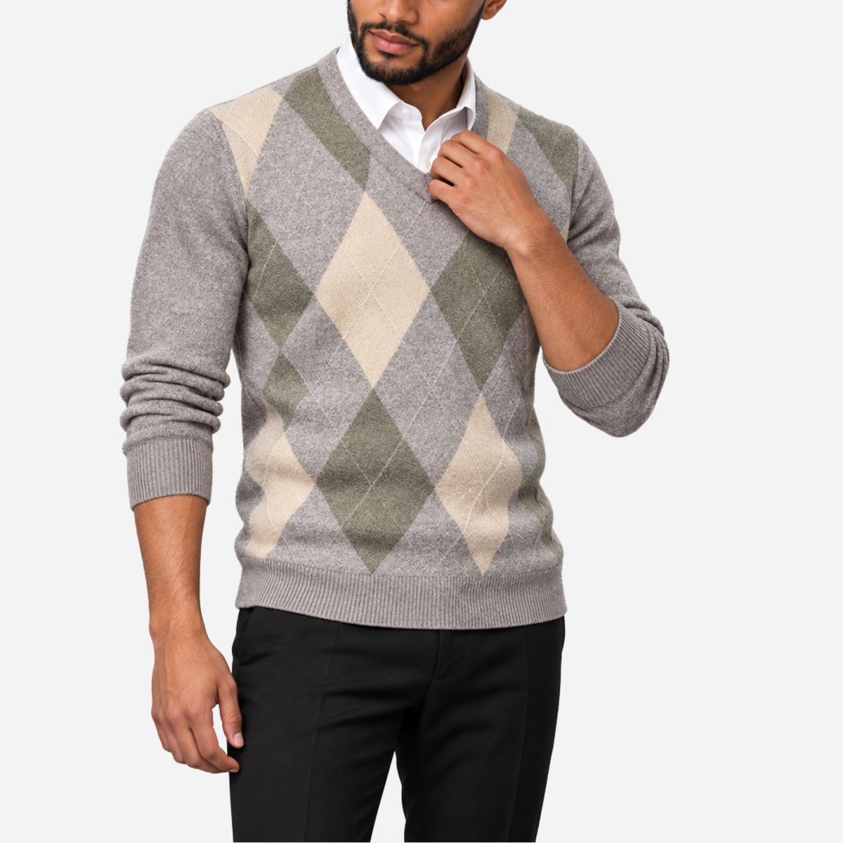Men’s Argyle V-Neck Knitted Jumper-Fowsa