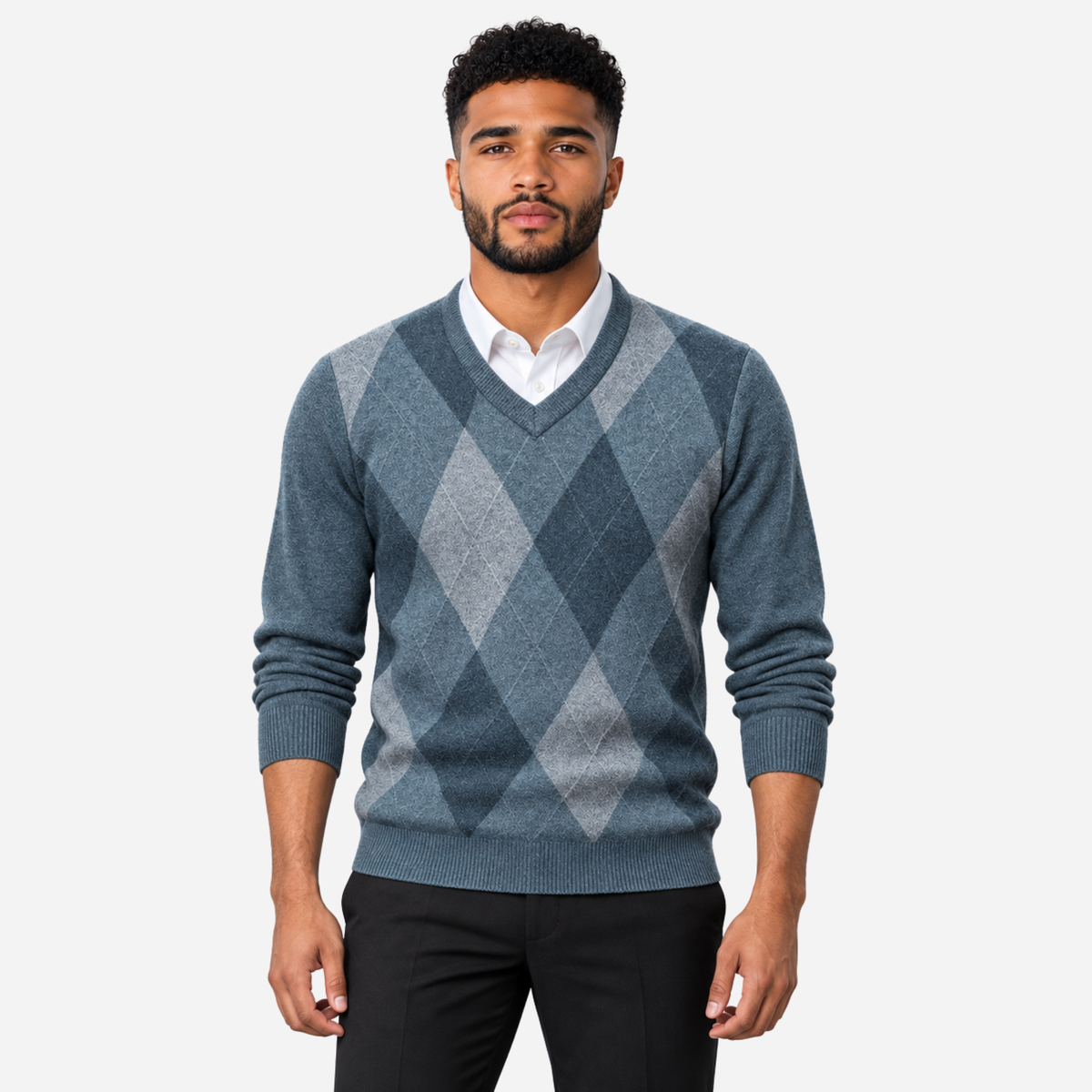 Men’s Argyle V-Neck Knitted Jumper-Fowsa