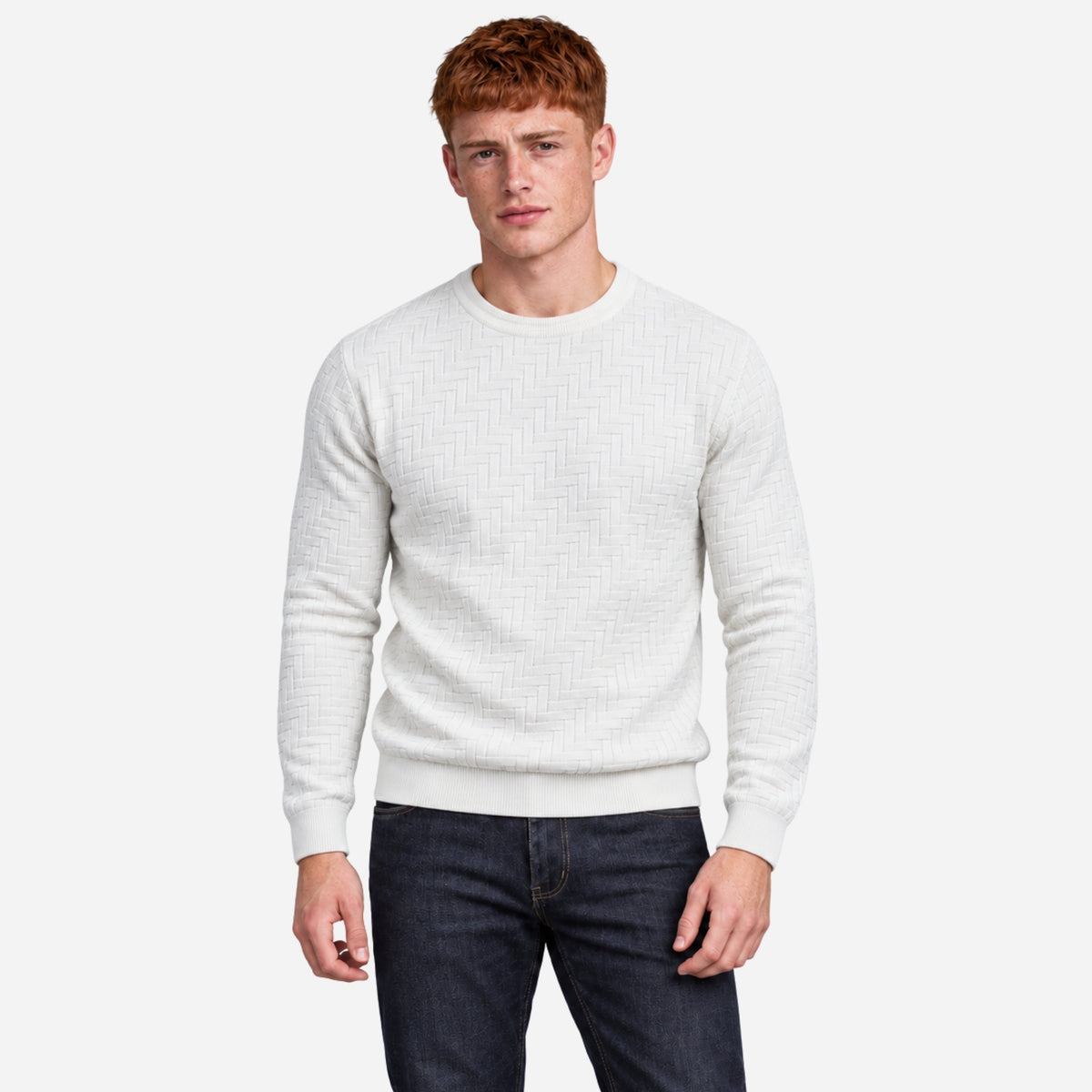 Men’s Basket-Weave Crew-Neck Knitted Jumper-Fowsa