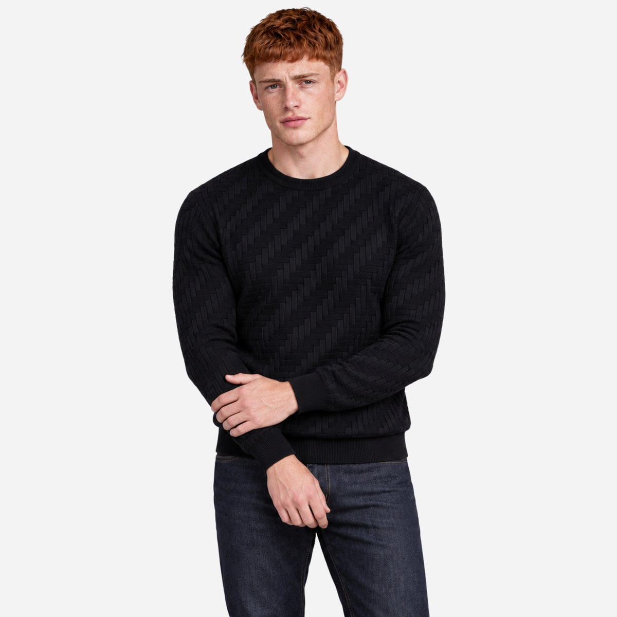 Men’s Basket-Weave Crew-Neck Knitted Jumper-Fowsa