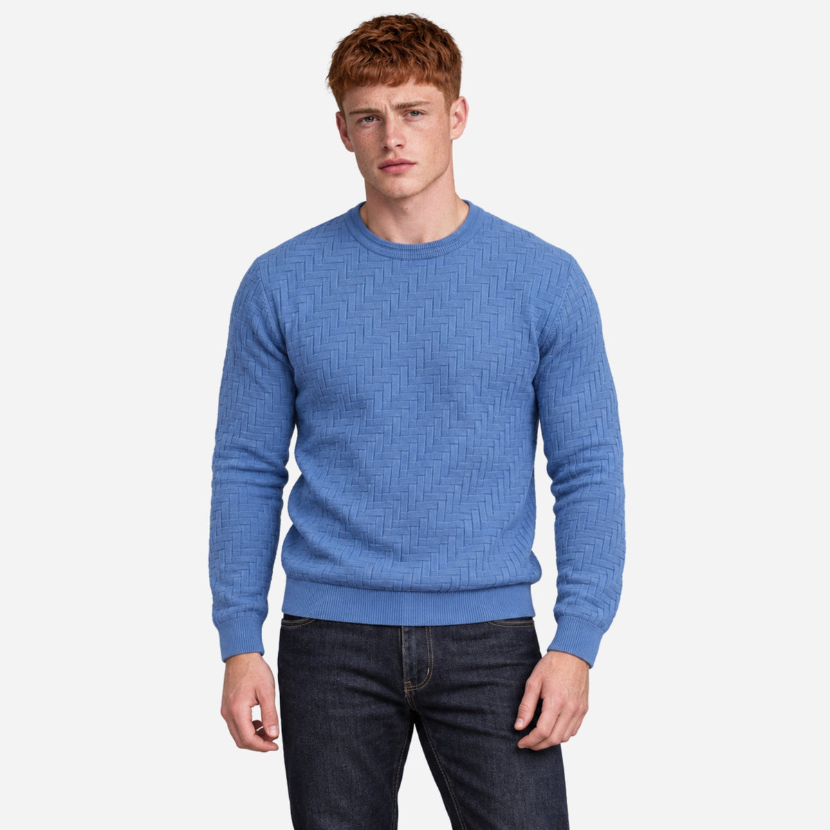 Men’s Basket-Weave Crew-Neck Knitted Jumper-Fowsa