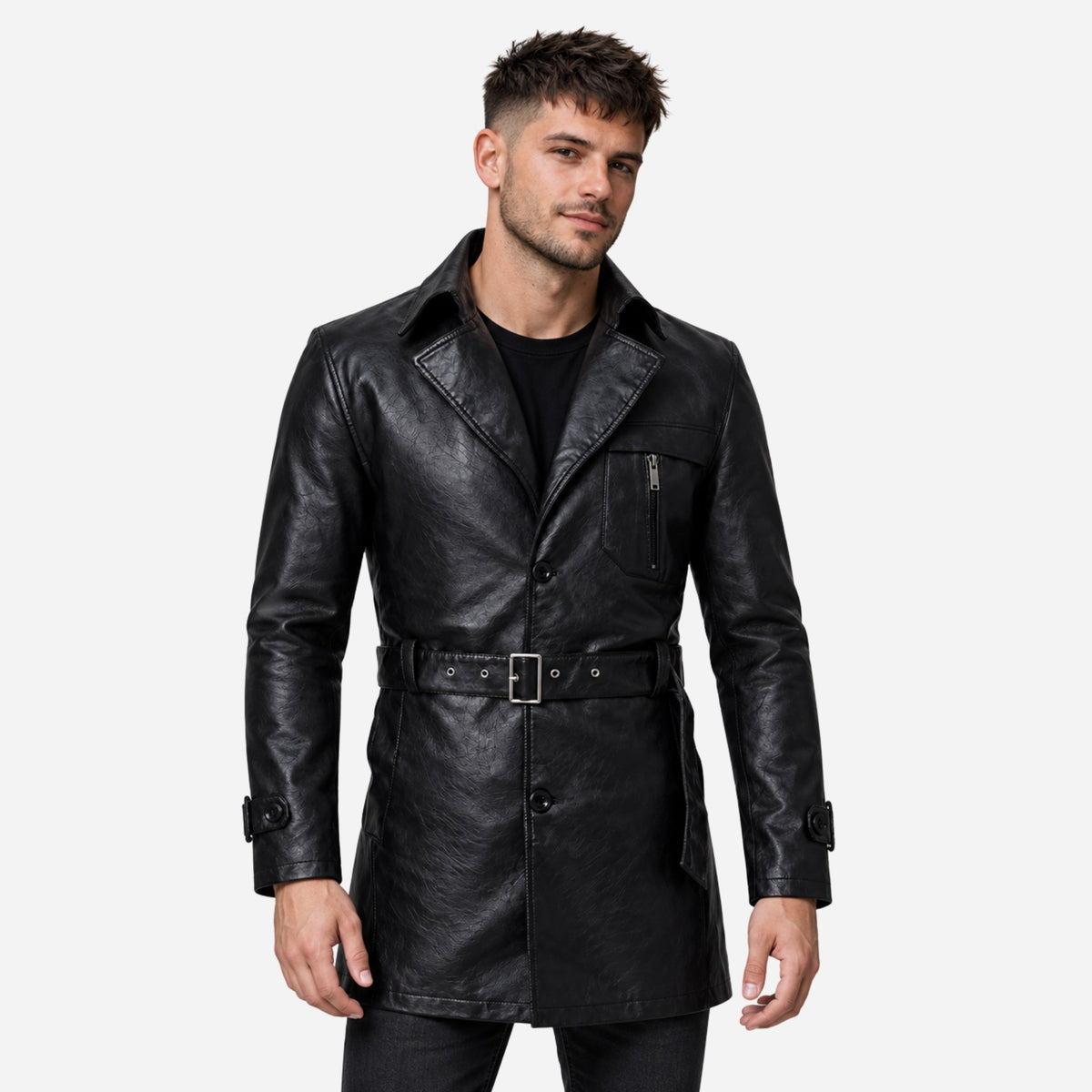 Men's Belted Lapel Button-Front Mid-Length Coat-Fowsa