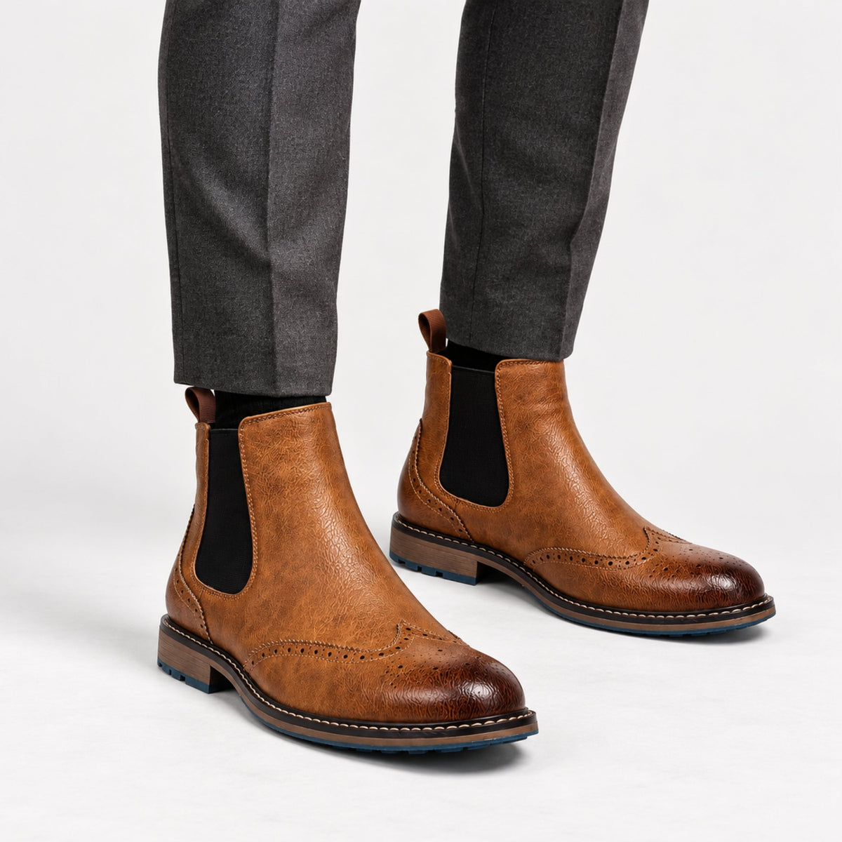 Men's Brogue Detail Chelsea Ankle Boots-Fowsa