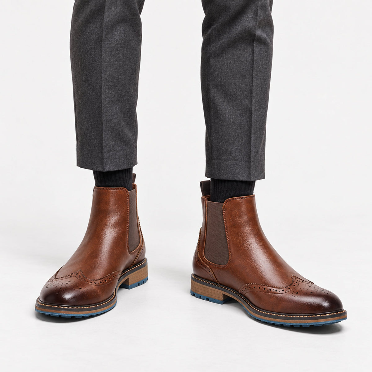 Men's Brogue Detail Chelsea Ankle Boots-Fowsa