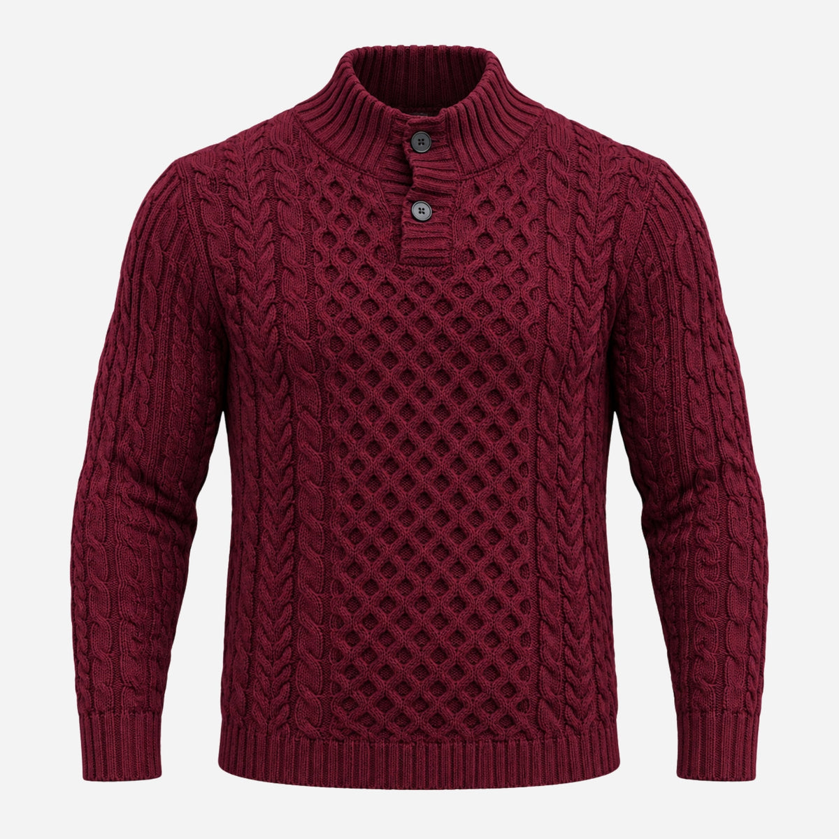 Men’s Buttoned Stand-Collar Cable Knit Jumper-Fowsa