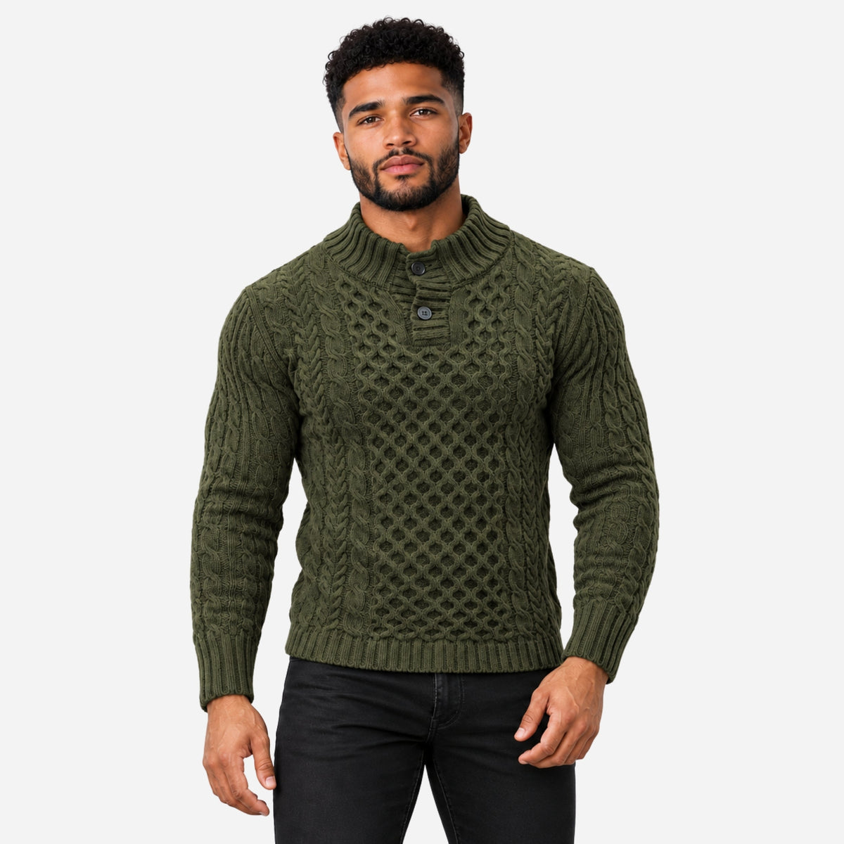 Men’s Buttoned Stand-Collar Cable Knit Jumper-Fowsa