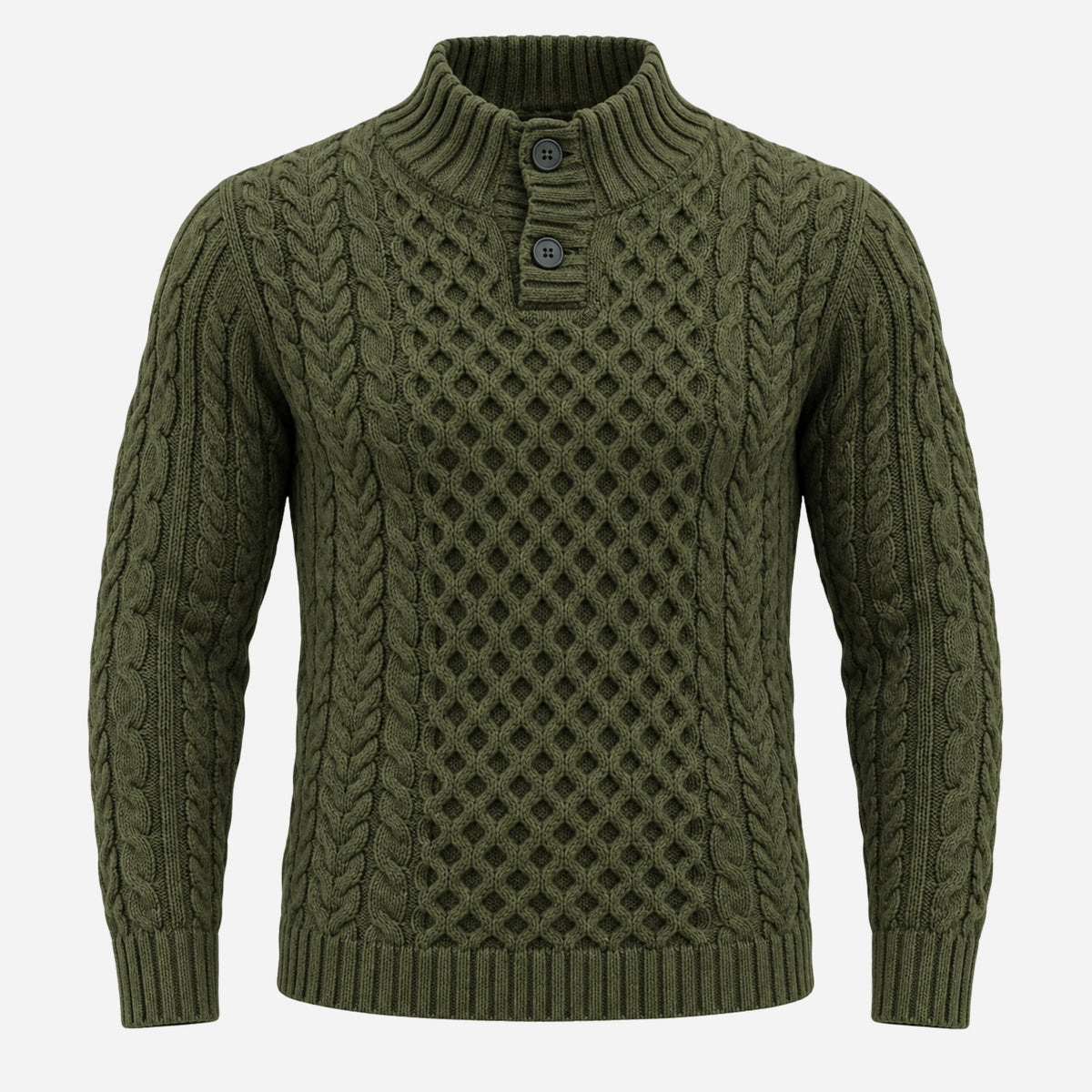 Men’s Buttoned Stand-Collar Cable Knit Jumper-Fowsa