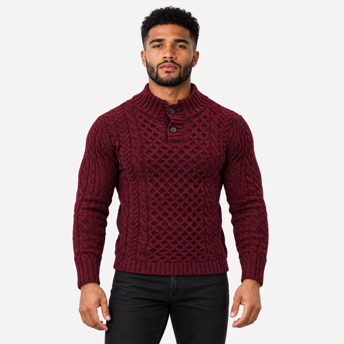 Men’s Buttoned Stand-Collar Cable Knit Jumper-Fowsa