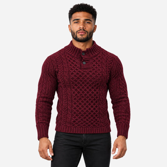 Men’s Buttoned Stand-Collar Cable Knit Jumper-Fowsa