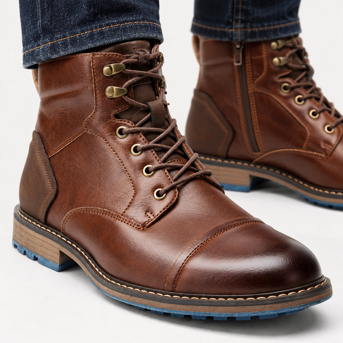 Men's Cap-Toe Lace-Up Ankle Boots-Fowsa