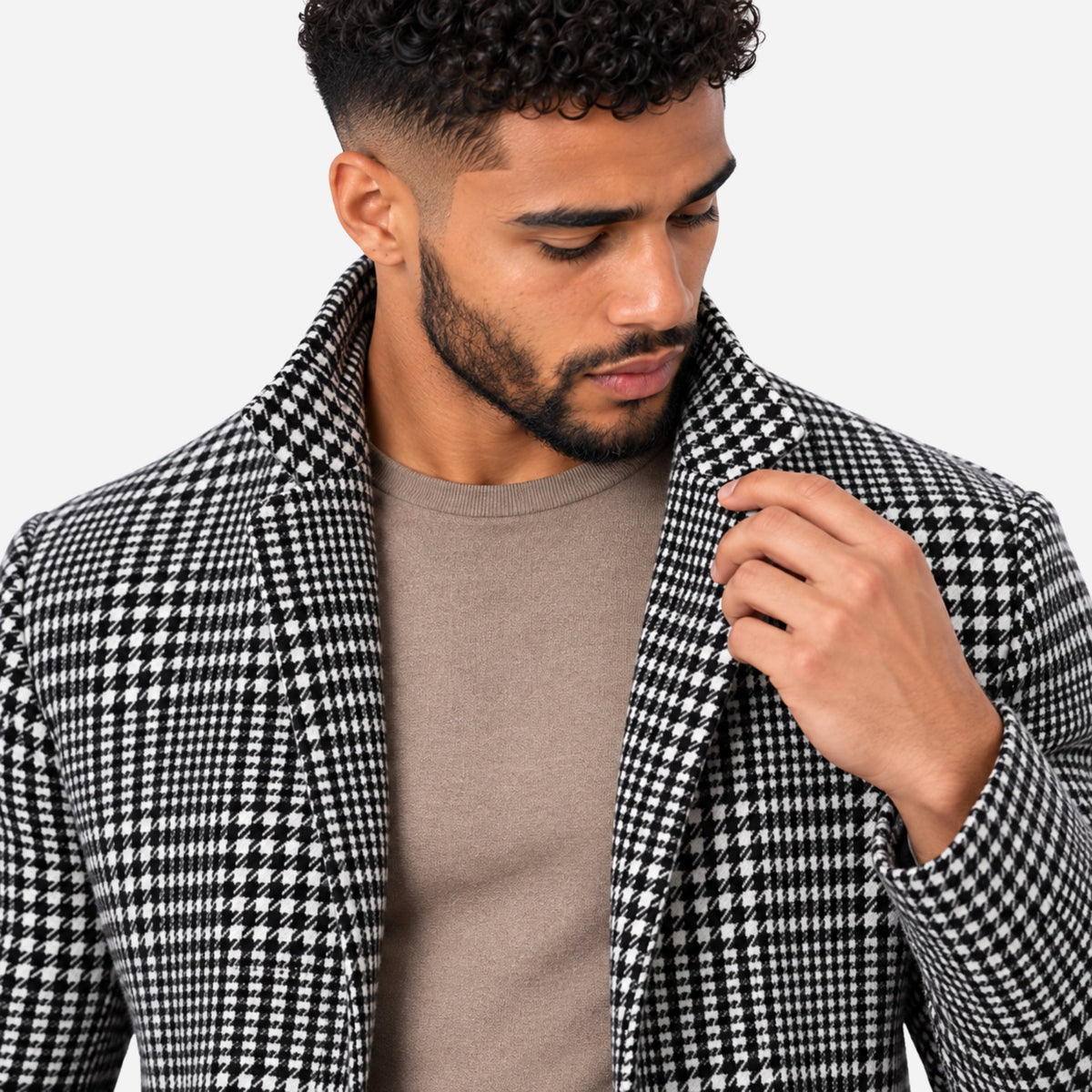 Men’s Checked Open-Front Mid-Length Tailored Coat-Fowsa