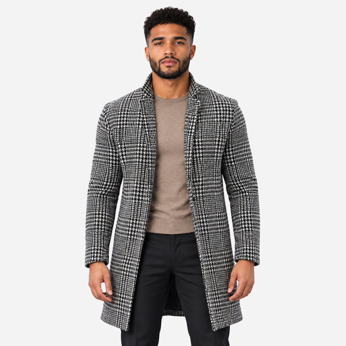 Men’s Checked Open-Front Mid-Length Tailored Coat-Fowsa