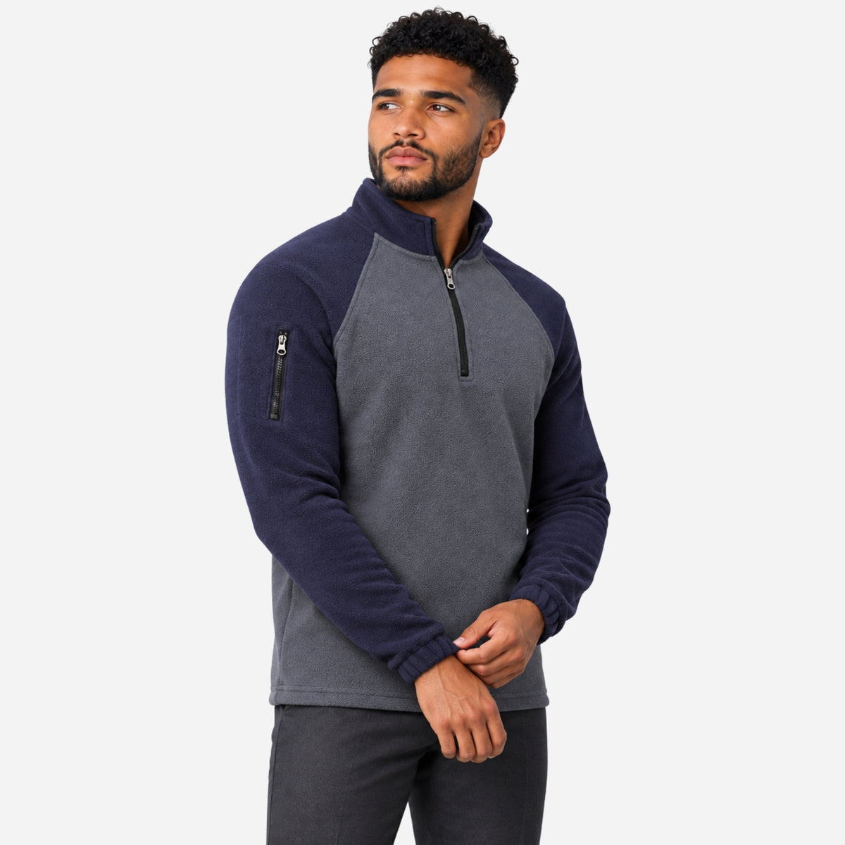 Men’s Colour-Block Quarter-Zip Fleece Jumper-Fowsa