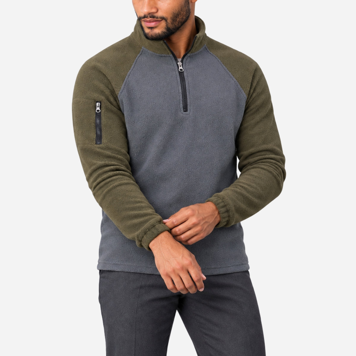 Men’s Colour-Block Quarter-Zip Fleece Jumper-Fowsa