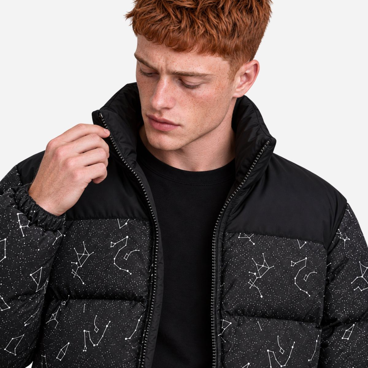Men’s Constellation-Print Stand-Collar Puffer Jacket-Fowsa