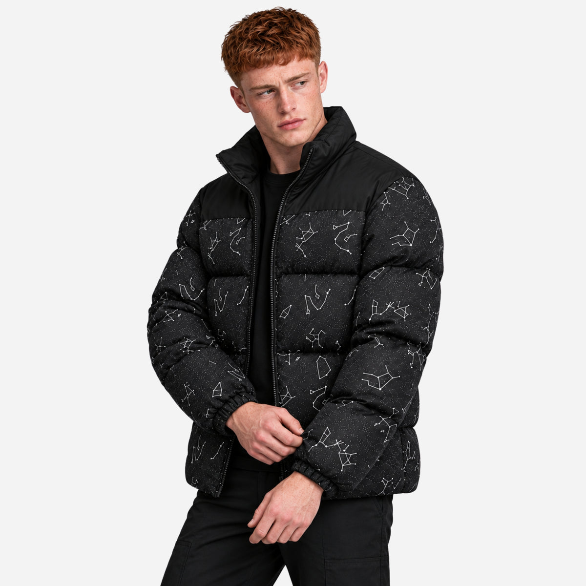 Men’s Constellation-Print Stand-Collar Puffer Jacket-Fowsa