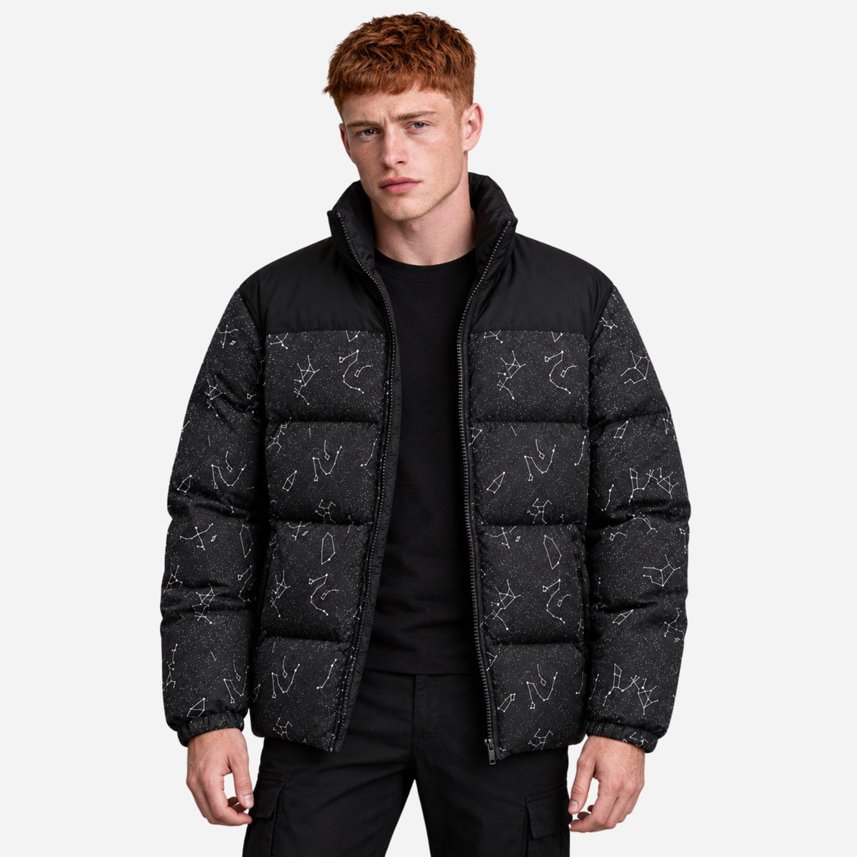 Men’s Constellation-Print Stand-Collar Puffer Jacket-Fowsa