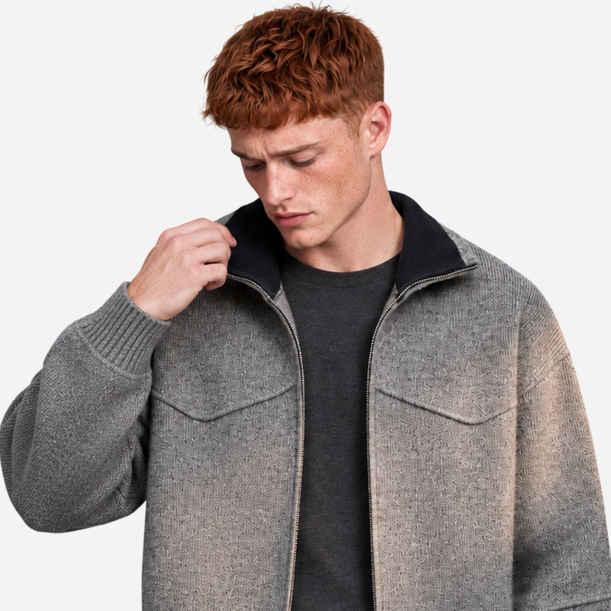 Men’s Contrast-Collar Full-Zip Knitted Jumper-Fowsa