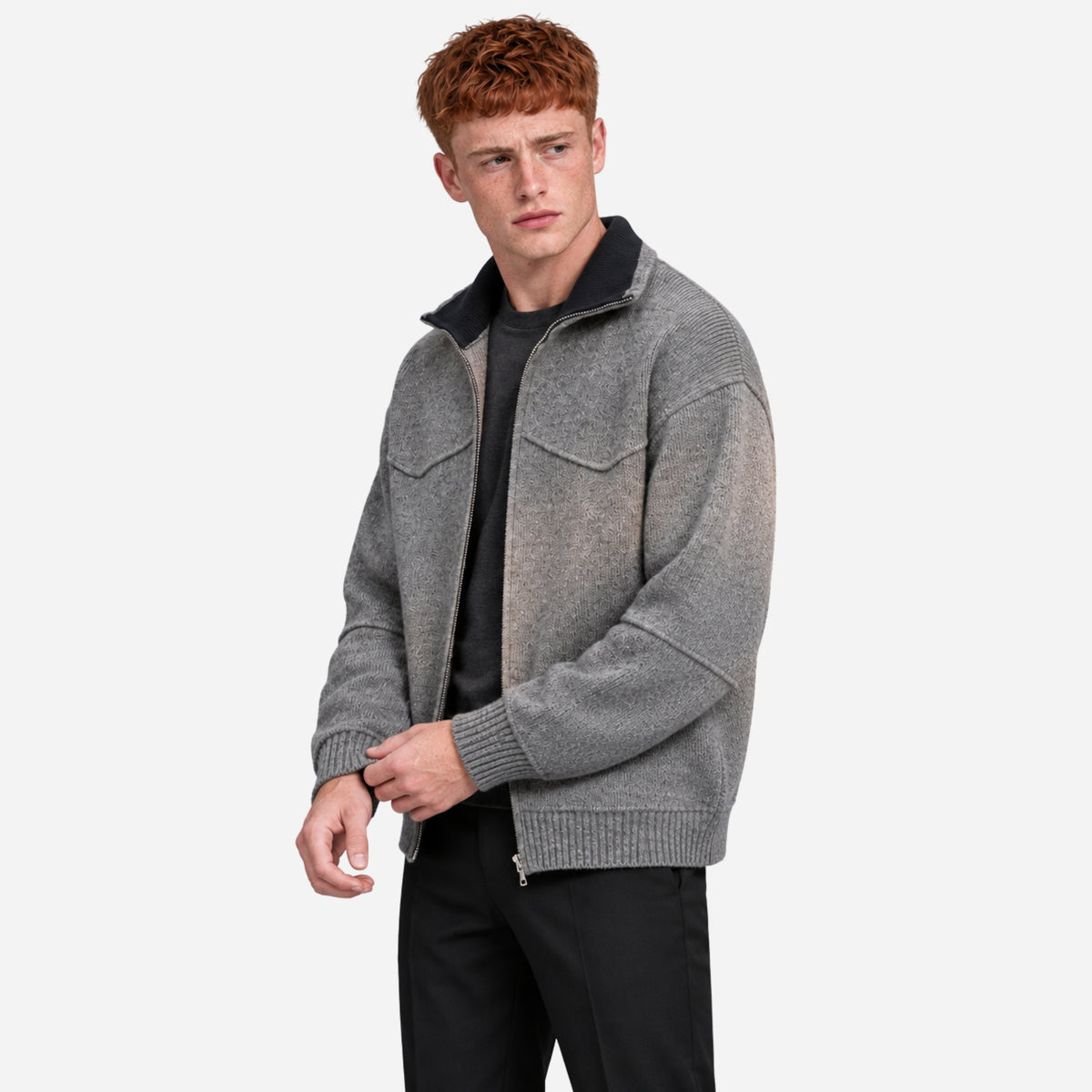 Men’s Contrast-Collar Full-Zip Knitted Jumper-Fowsa