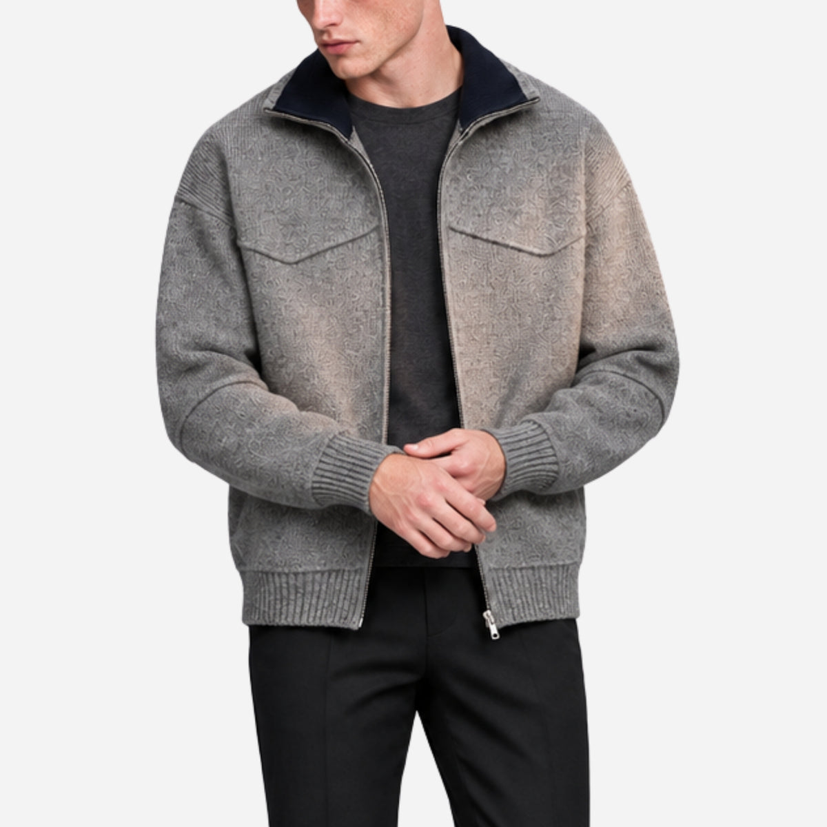 Men’s Contrast-Collar Full-Zip Knitted Jumper-Fowsa
