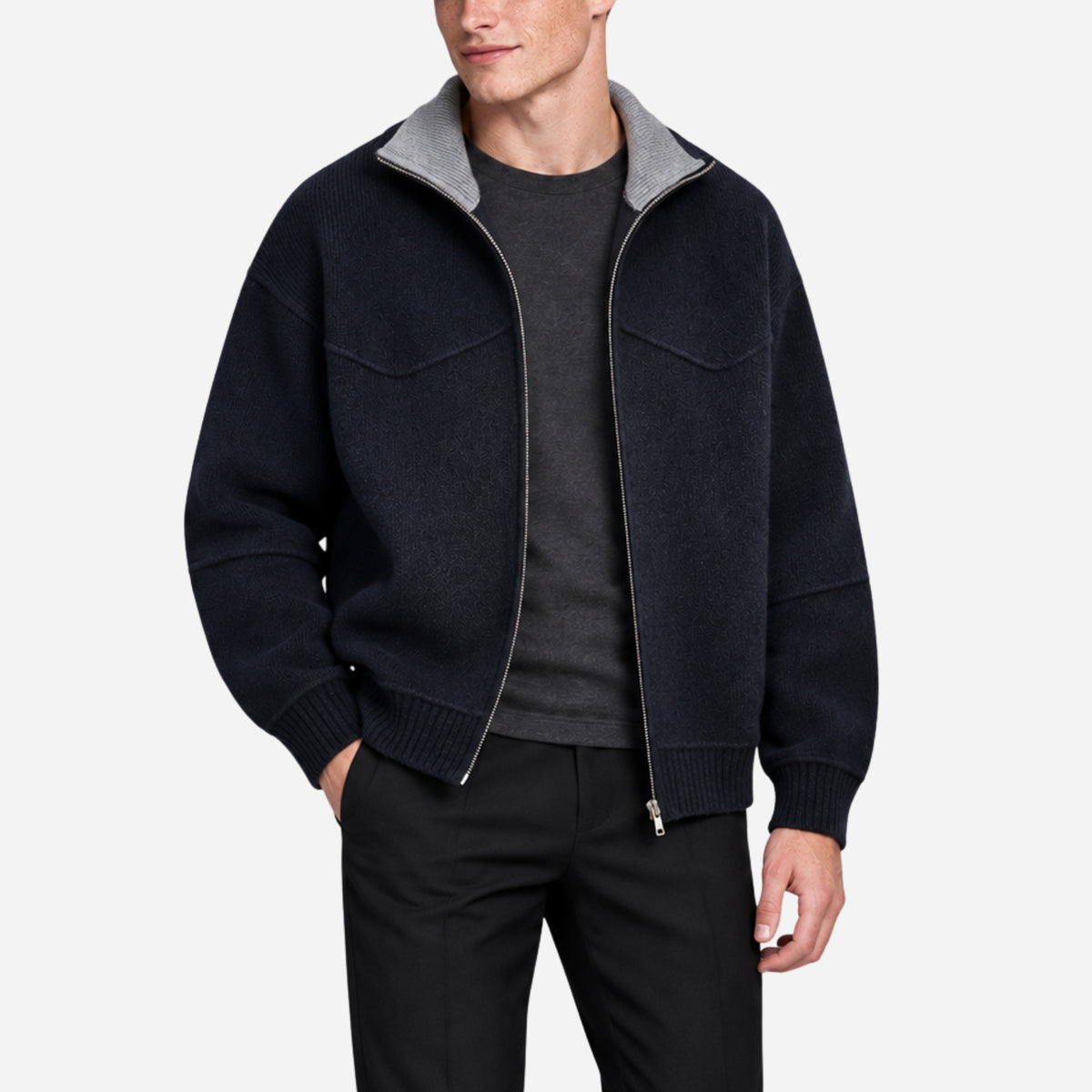 Men’s Contrast-Collar Full-Zip Knitted Jumper-Fowsa