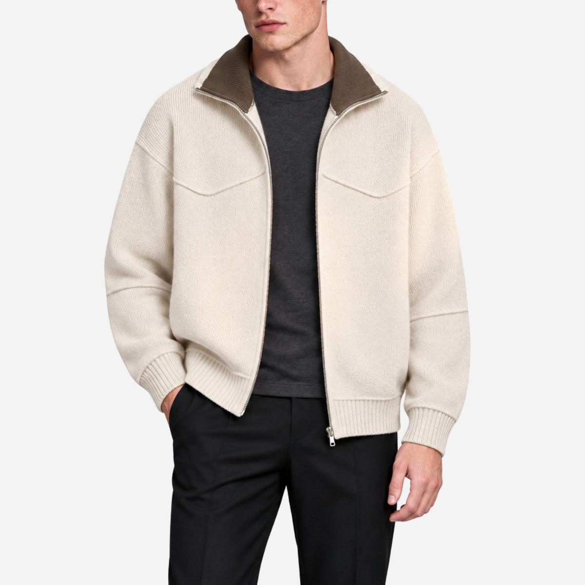 Men’s Contrast-Collar Full-Zip Knitted Jumper-Fowsa