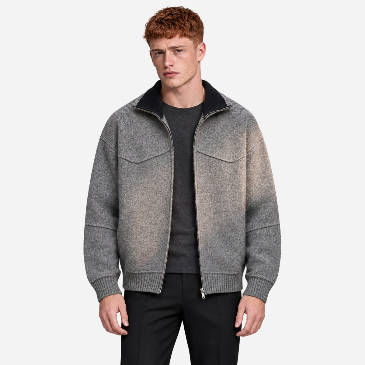 Men’s Contrast-Collar Full-Zip Knitted Jumper-Fowsa