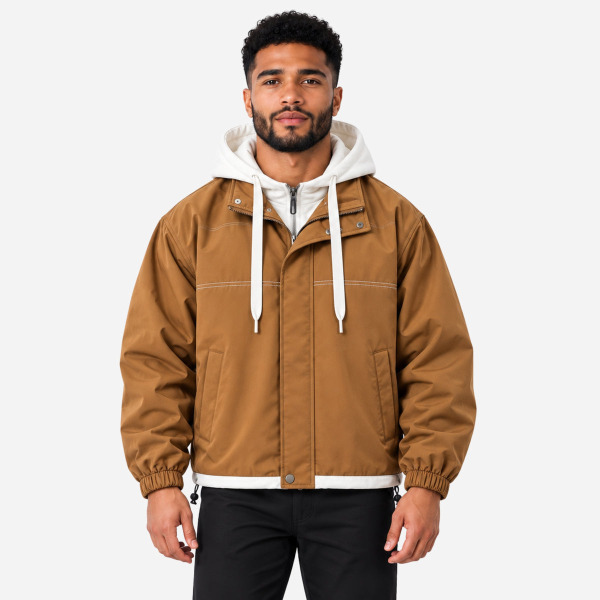 Men’s Contrast-Hood Drawcord Utility Jacket-Fowsa