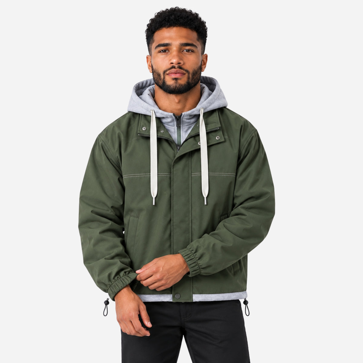 Men’s Contrast-Hood Drawcord Utility Jacket-Fowsa