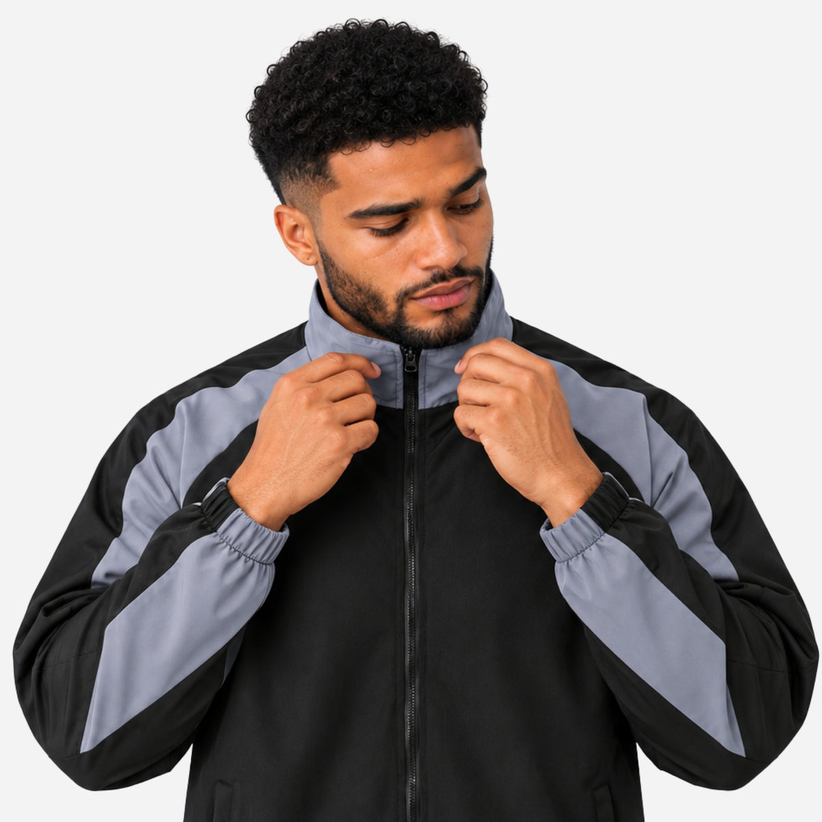 Men’s Contrast-Panel High-Neck Windbreaker Jacket-Fowsa