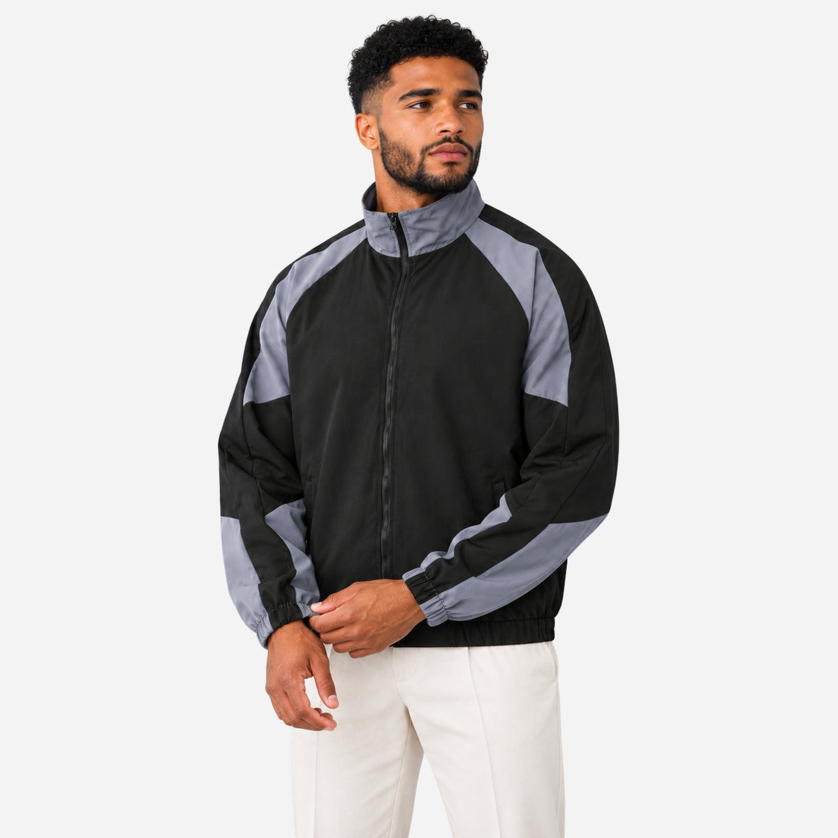 Men’s Contrast-Panel High-Neck Windbreaker Jacket-Fowsa