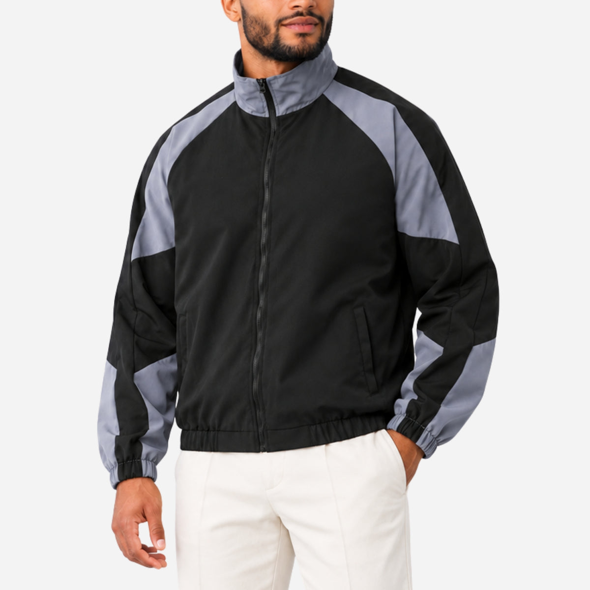 Men’s Contrast-Panel High-Neck Windbreaker Jacket-Fowsa