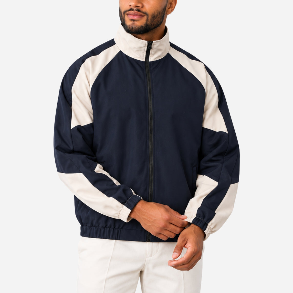 Men’s Contrast-Panel High-Neck Windbreaker Jacket-Fowsa