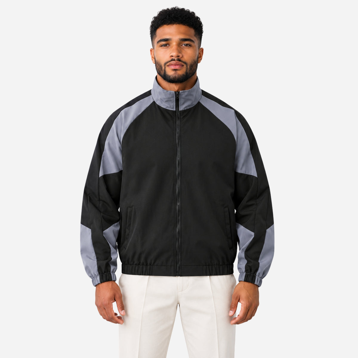 Men’s Contrast-Panel High-Neck Windbreaker Jacket-Fowsa