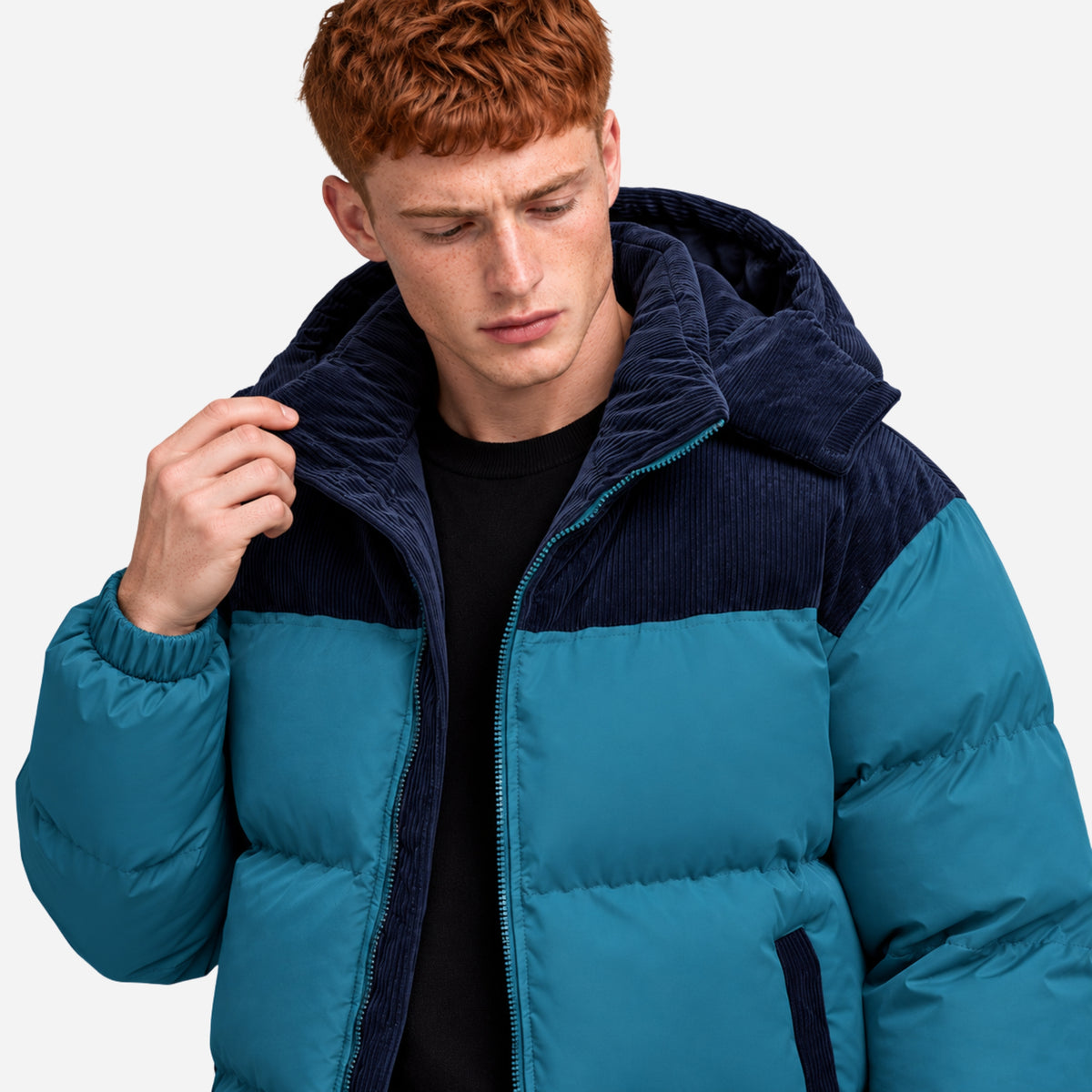 Men’s Contrast-Panel Hooded Puffer Jacket-Fowsa