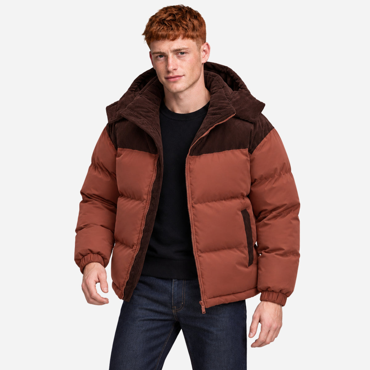 Men’s Contrast-Panel Hooded Puffer Jacket-Fowsa