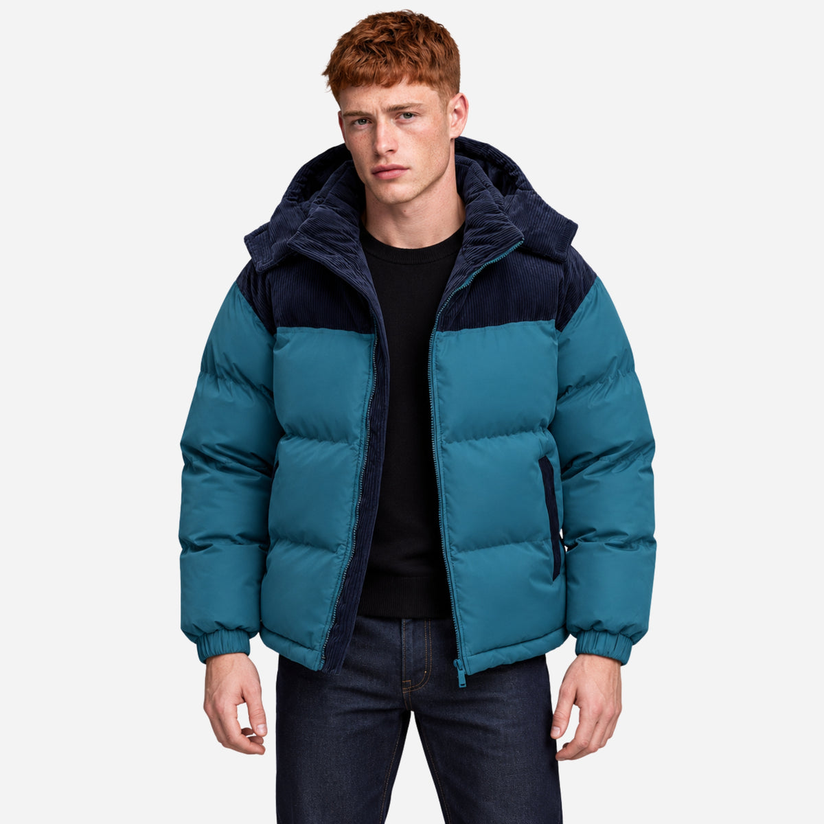 Men’s Contrast-Panel Hooded Puffer Jacket-Fowsa